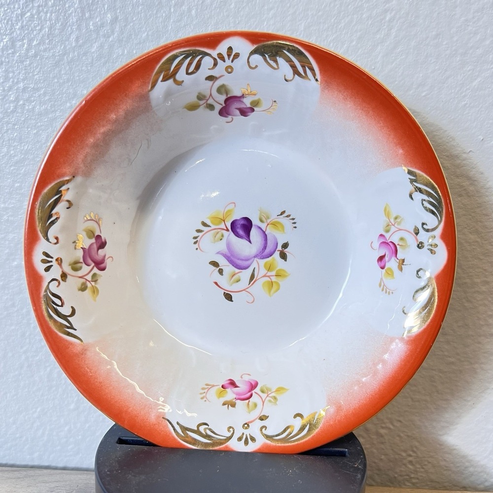 Vintage Orange Rim Floral Bowl 5.75" Lighthouse Mark Japan Hand Painted EUC